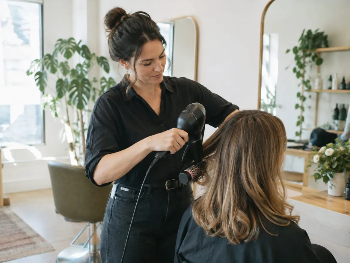 Stylist drying a client's hair in a fictional salon